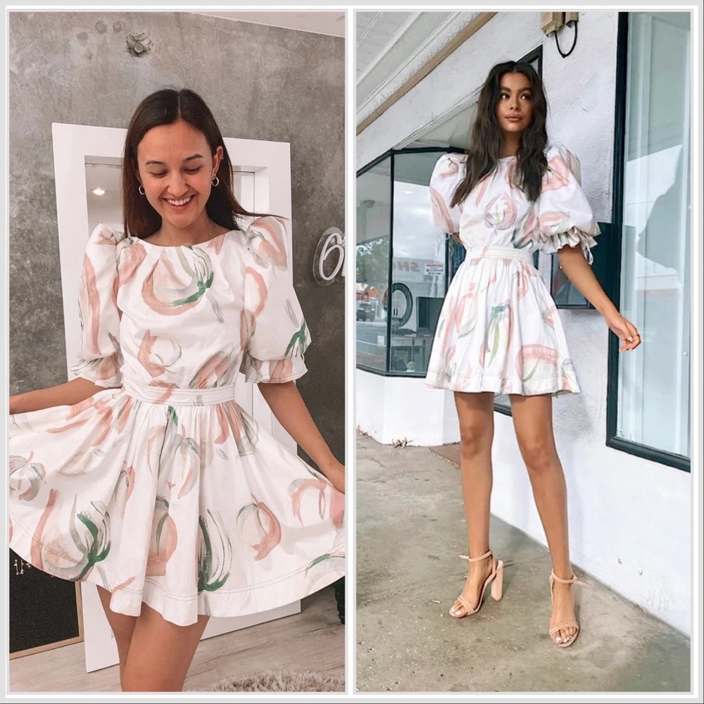 Aje Imprint White Pastel Floral Puff Sleeve Mini Dress Size 8 Medium